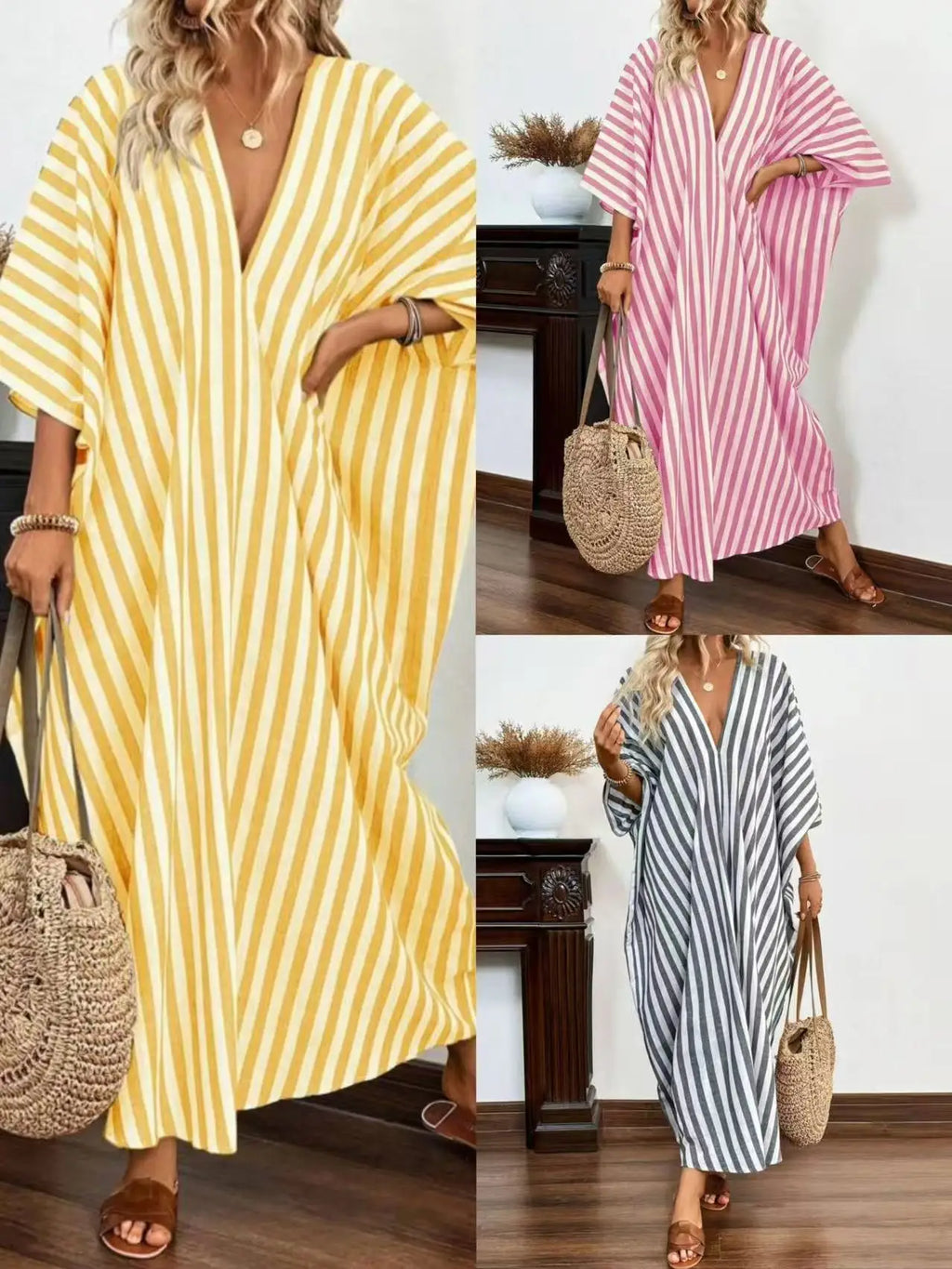 Casual Oversized Women's Dress, 2025 Summer New Sexy Deep V-neck Loose Striped Print Long Women's Dress Beach Vacation Sundress