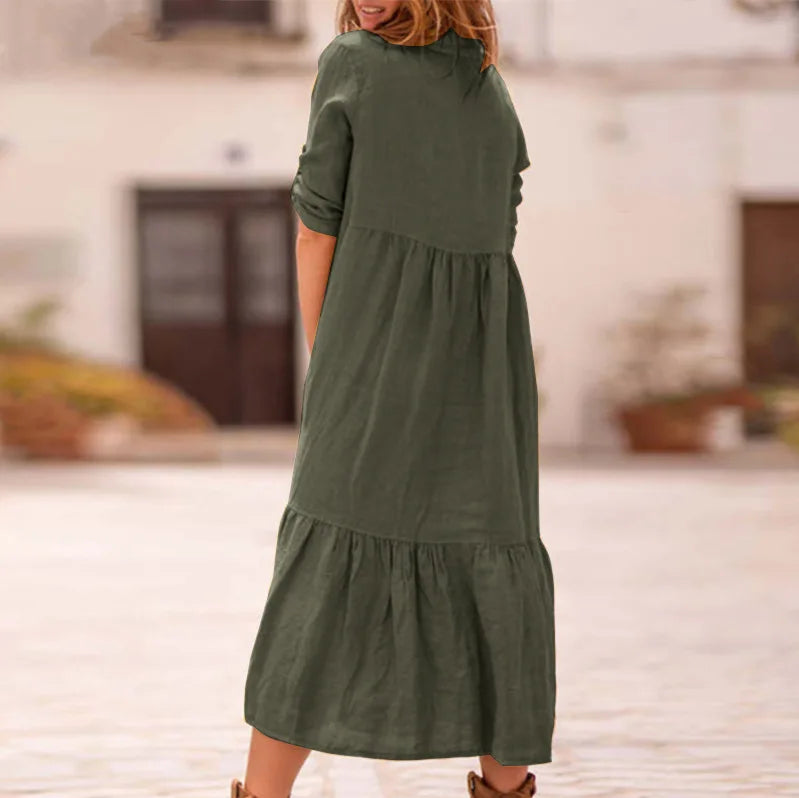 Women's New Cotton And Linen Mid Length Irregular Dress Autumn Loose Twist Button V-neck Half Sleeve Pullover Casual Dress Robe
