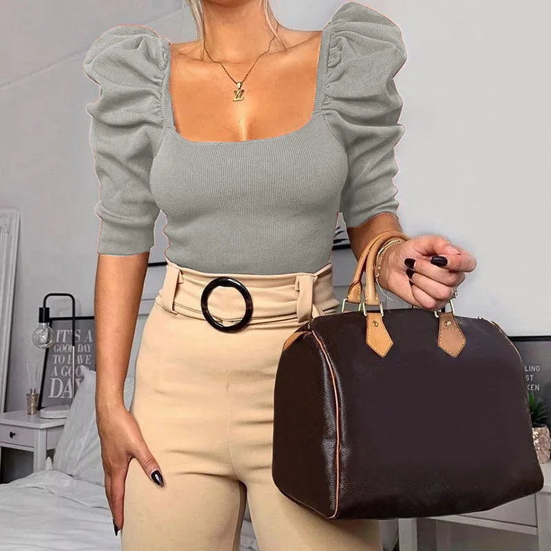 Sexy Puff Sleeve Bare Midriff Thread Knitted T Shirt Women Half Sleeves Bottoming Shirt Ladies Tee Shirt Tops Camisetas Mujer