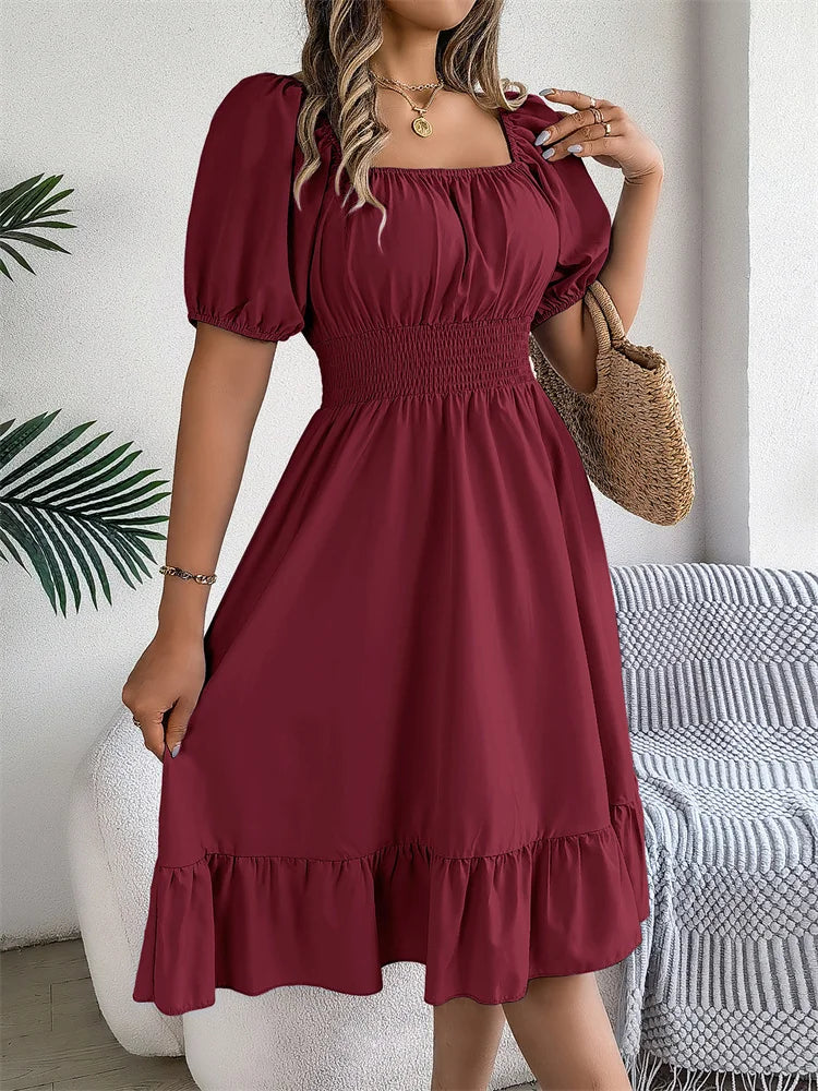 Msfilia Leisure Square Collar Spring Summer Dress Women Short Sleeve Loose Waist Design Lotus Leaf A-shaped Print Dress