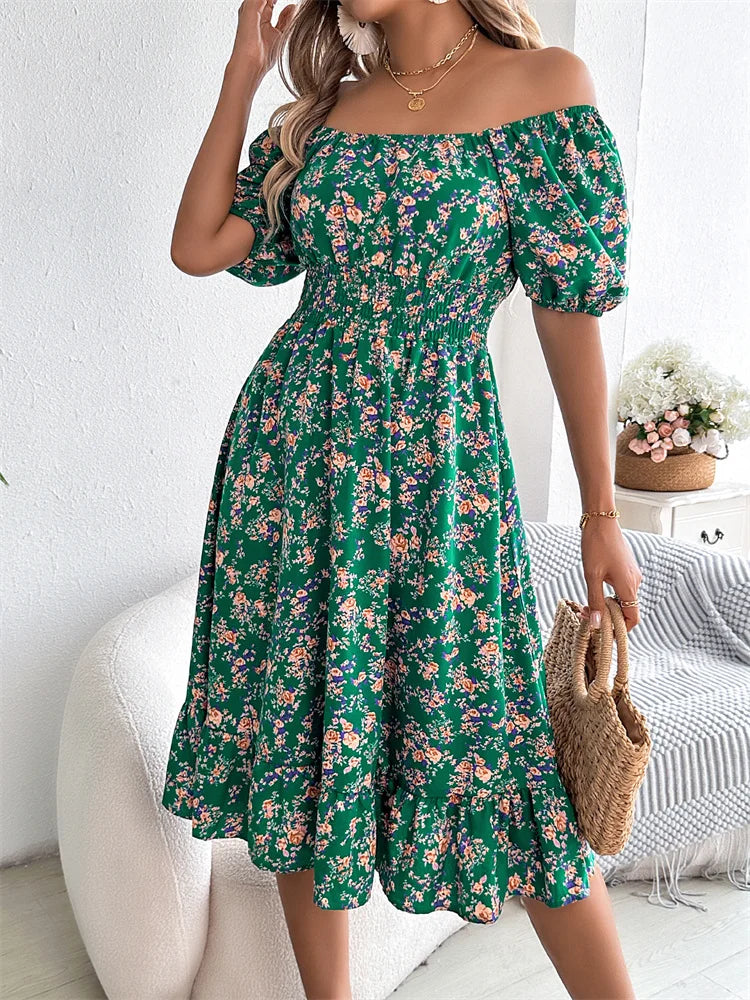 Msfilia Leisure Square Collar Spring Summer Dress Women Short Sleeve Loose Waist Design Lotus Leaf A-shaped Print Dress