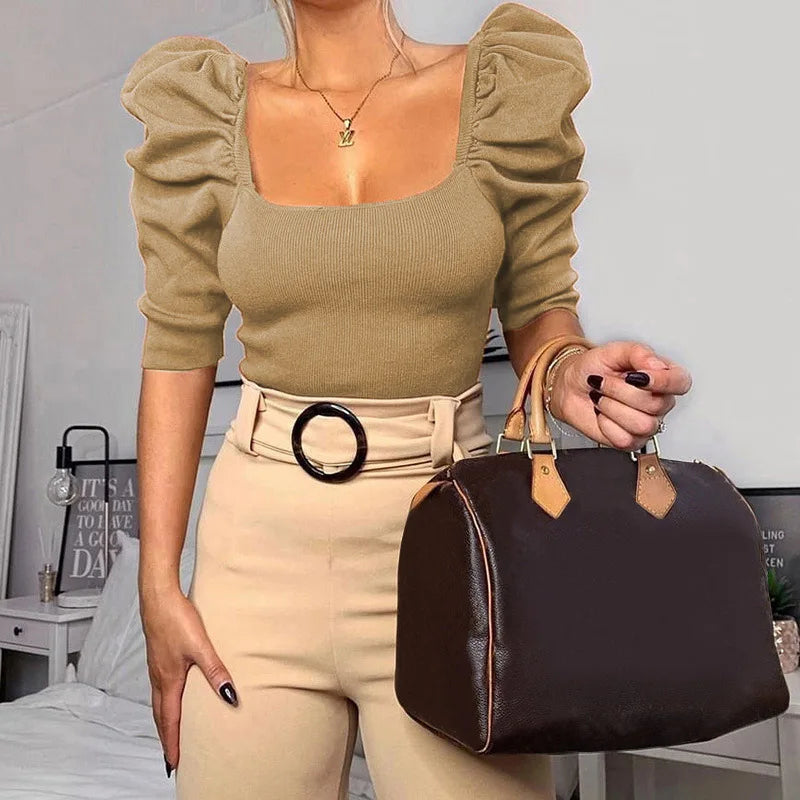 Sexy Puff Sleeve Bare Midriff Thread Knitted T Shirt Women Half Sleeves Bottoming Shirt Ladies Tee Shirt Tops Camisetas Mujer