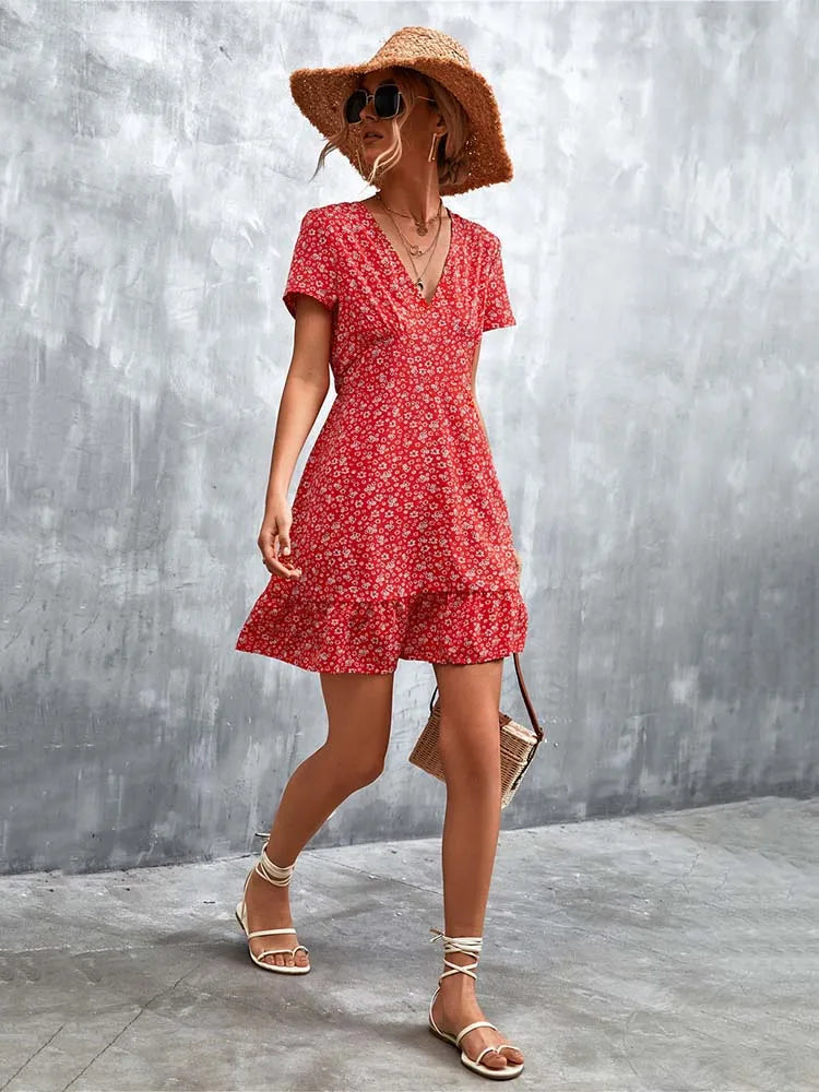Summer Short Boho Dress Women V Neck Print Floral Party Dress Ladies Bohemian Flower Mini Dress For Women