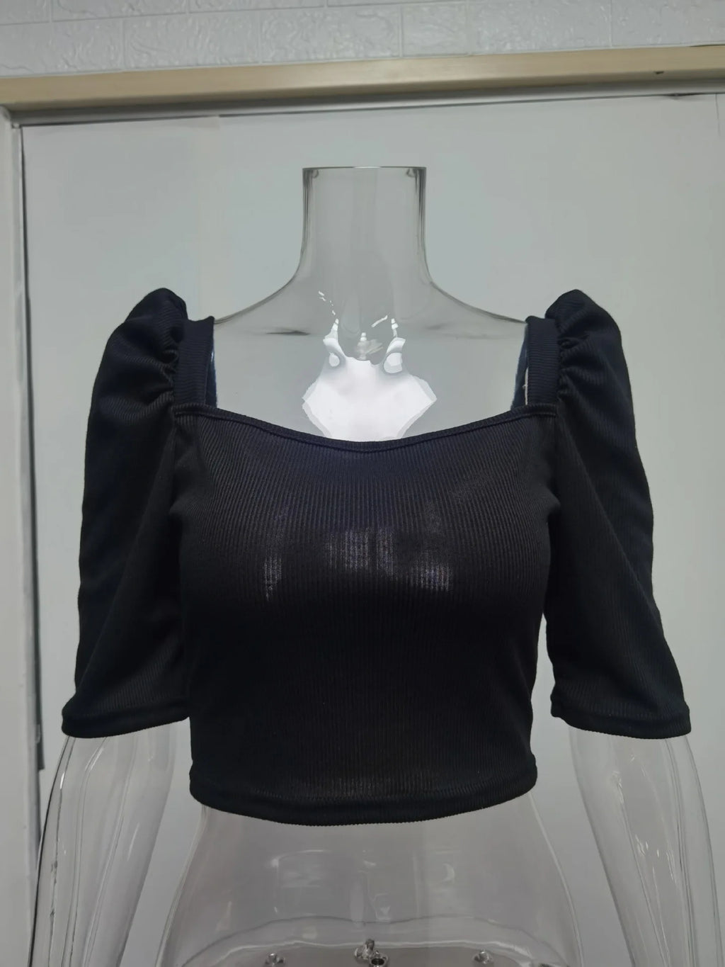 Sexy Puff Sleeve Bare Midriff Thread Knitted T Shirt Women Half Sleeves Bottoming Shirt Ladies Tee Shirt Tops Camisetas Mujer