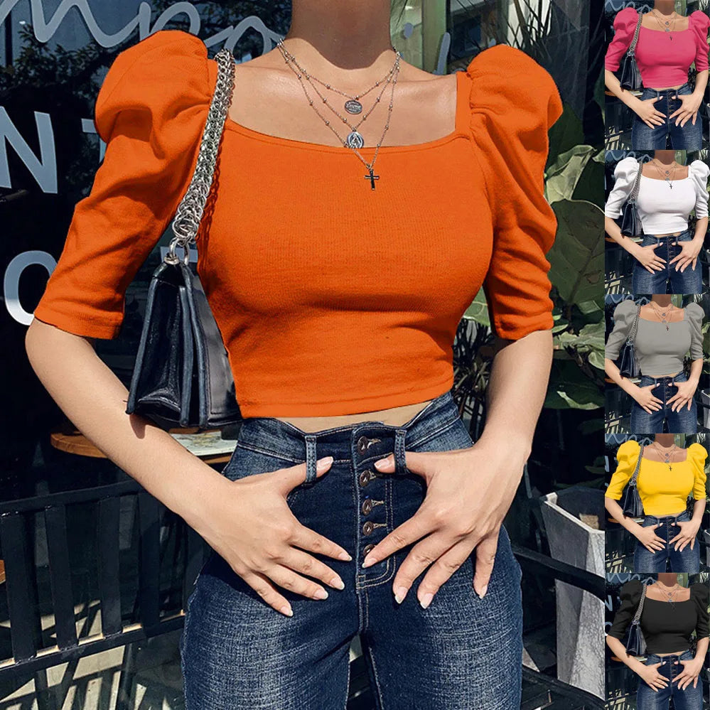 Sexy Puff Sleeve Bare Midriff Thread Knitted T Shirt Women Half Sleeves Bottoming Shirt Ladies Tee Shirt Tops Camisetas Mujer
