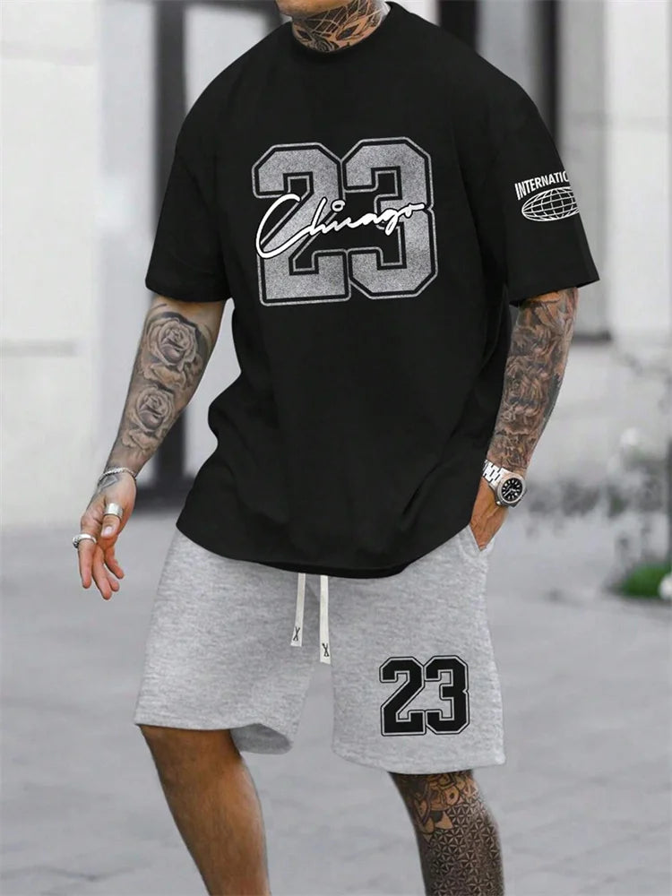 Summer Men's Short Sleeve T-shirt Shorts 2-piece Set Plus Size T Shirt Clothing O-neck T-shirts Side Pocket Elastic Waist Shorts