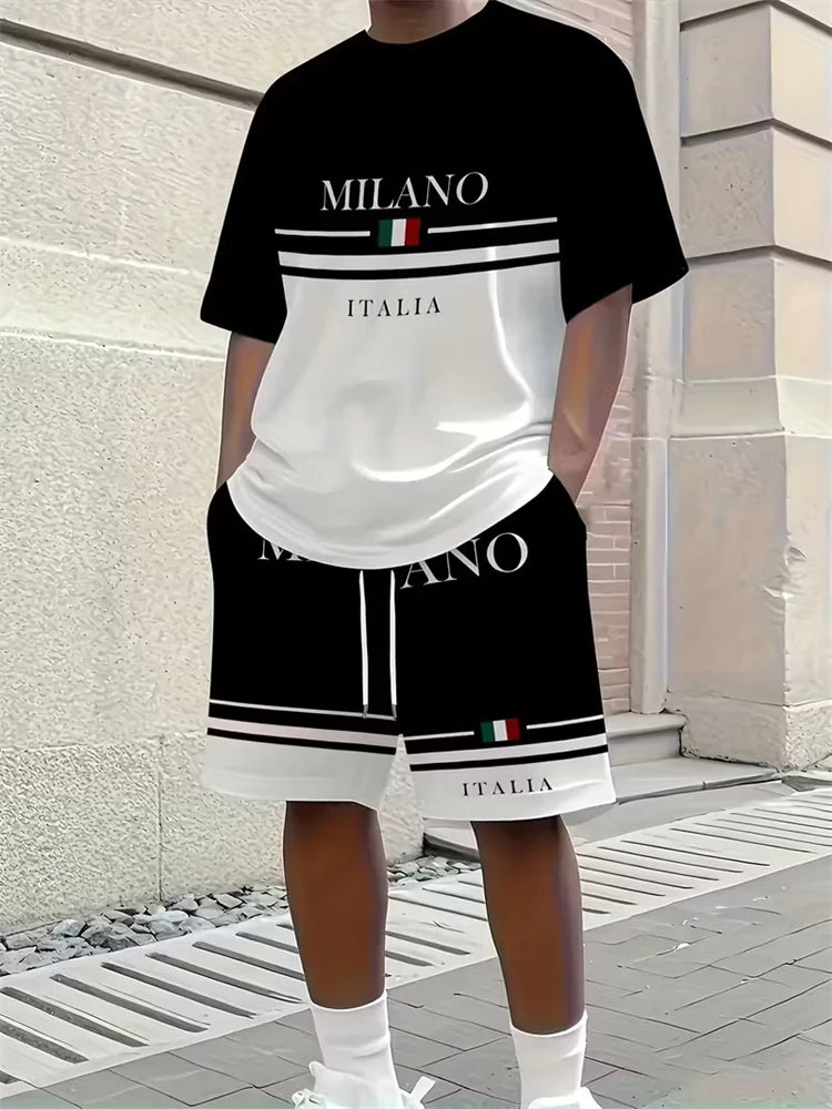 Cool And Trendy 3D Printed Men's Casual Short-sleeved Suit With Riding Style, New Men's Round-neck Short-sleeved Top And Shorts