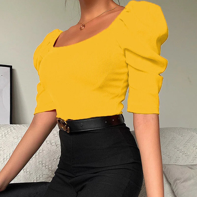 Sexy Puff Sleeve Bare Midriff Thread Knitted T Shirt Women Half Sleeves Bottoming Shirt Ladies Tee Shirt Tops Camisetas Mujer