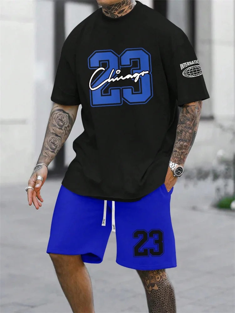Summer Men's Short Sleeve T-shirt Shorts 2-piece Set Plus Size T Shirt Clothing O-neck T-shirts Side Pocket Elastic Waist Shorts