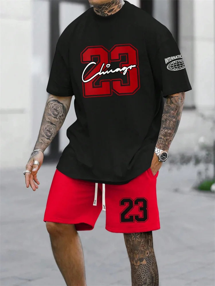 Summer Men's Short Sleeve T-shirt Shorts 2-piece Set Plus Size T Shirt Clothing O-neck T-shirts Side Pocket Elastic Waist Shorts