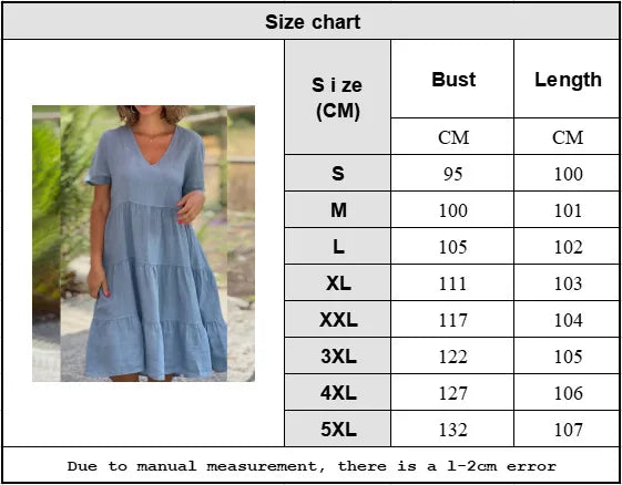 Cotton Linen Casual Women's Dresses 2025 Spring/Summer Sweet  Short Sleeve Solid V-neck Large Swing Loose Dress  S-5XL