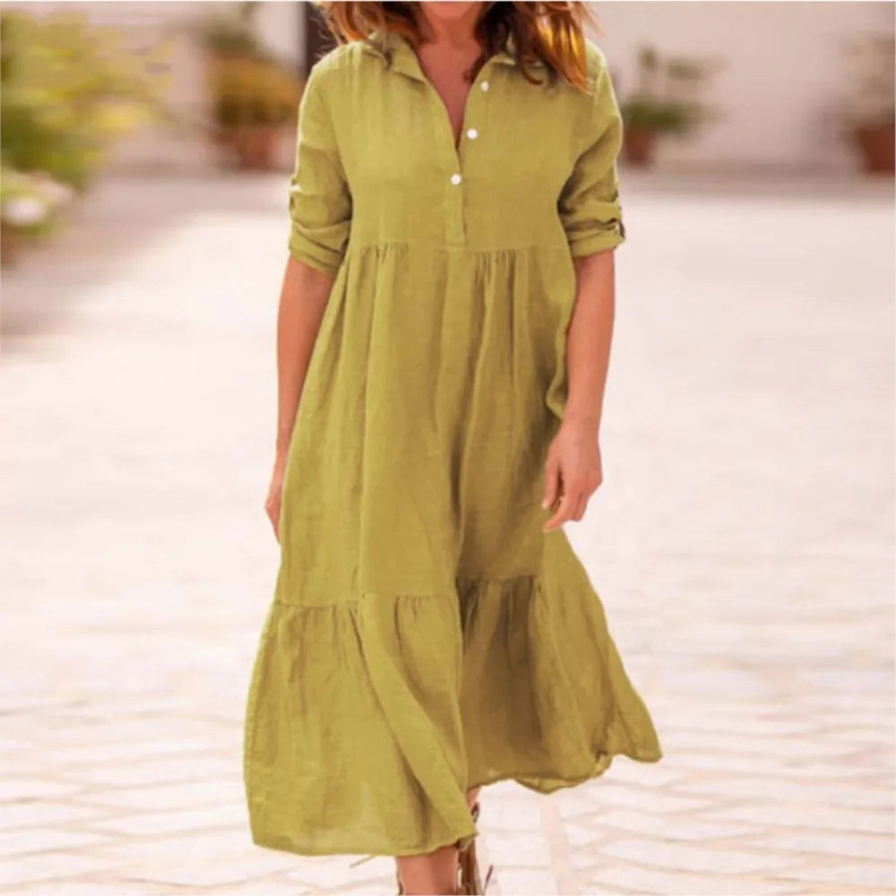 Women's New Cotton And Linen Mid Length Irregular Dress Autumn Loose Twist Button V-neck Half Sleeve Pullover Casual Dress Robe