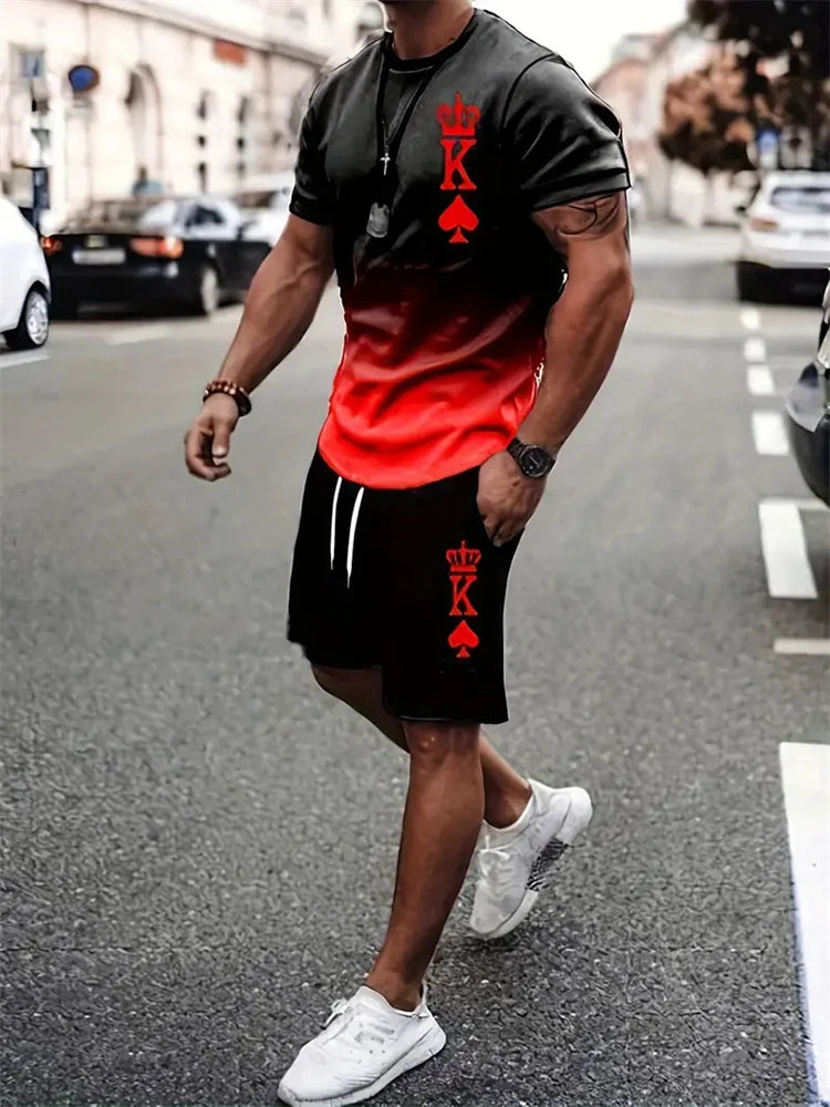 New Summer Men's Casual Suit Oversized Two-Piece Simple Casual Streetwear King Print Beach Suit Men's T-Shirt Shorts Sportswear