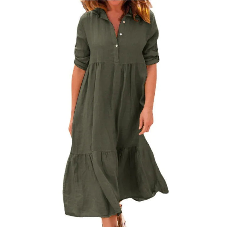 Women's New Cotton And Linen Mid Length Irregular Dress Autumn Loose Twist Button V-neck Half Sleeve Pullover Casual Dress Robe