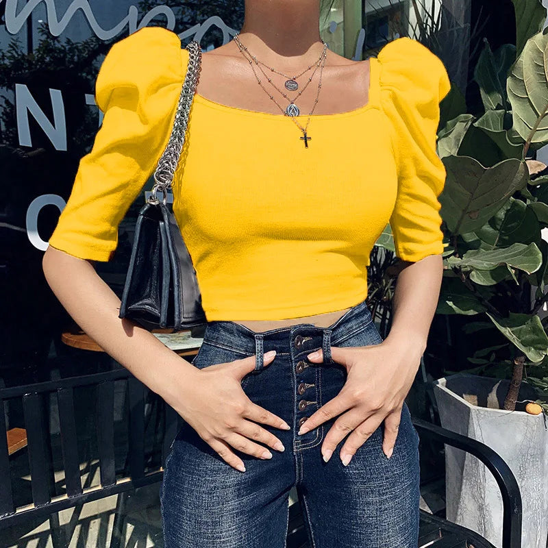 Sexy Puff Sleeve Bare Midriff Thread Knitted T Shirt Women Half Sleeves Bottoming Shirt Ladies Tee Shirt Tops Camisetas Mujer