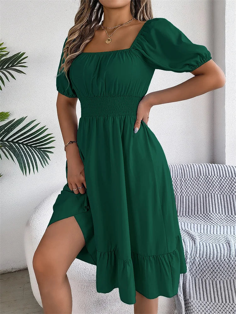 Msfilia Leisure Square Collar Spring Summer Dress Women Short Sleeve Loose Waist Design Lotus Leaf A-shaped Print Dress