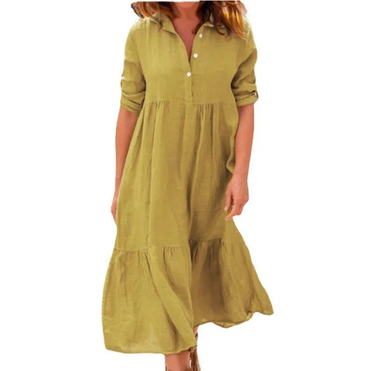 Women's New Cotton And Linen Mid Length Irregular Dress Autumn Loose Twist Button V-neck Half Sleeve Pullover Casual Dress Robe