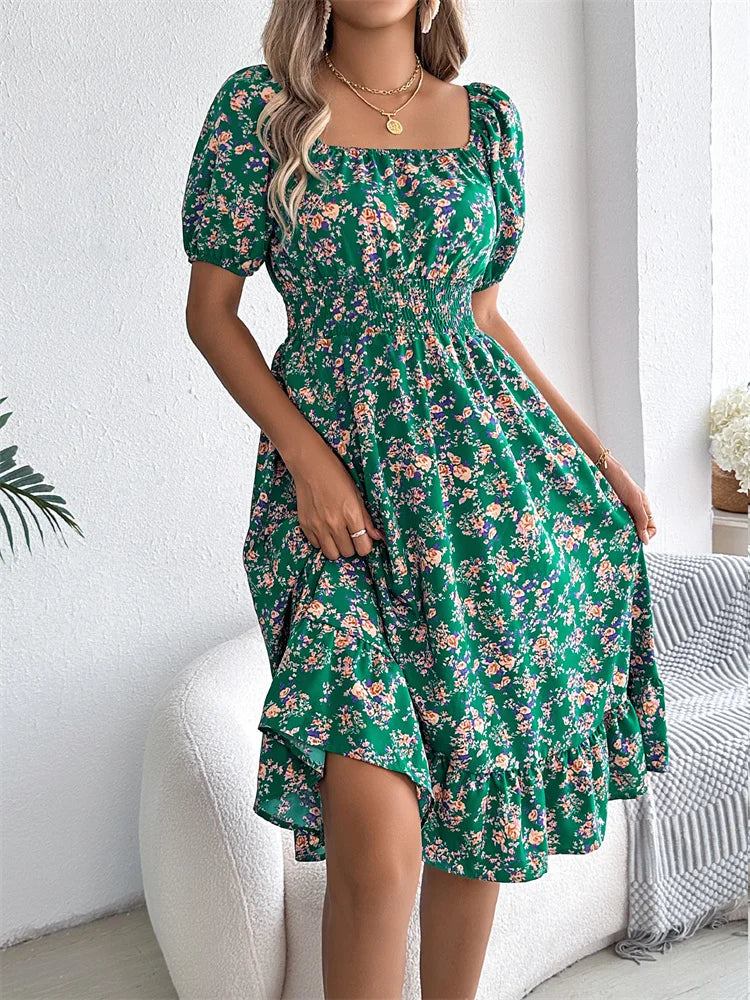 Msfilia Leisure Square Collar Spring Summer Dress Women Short Sleeve Loose Waist Design Lotus Leaf A-shaped Print Dress