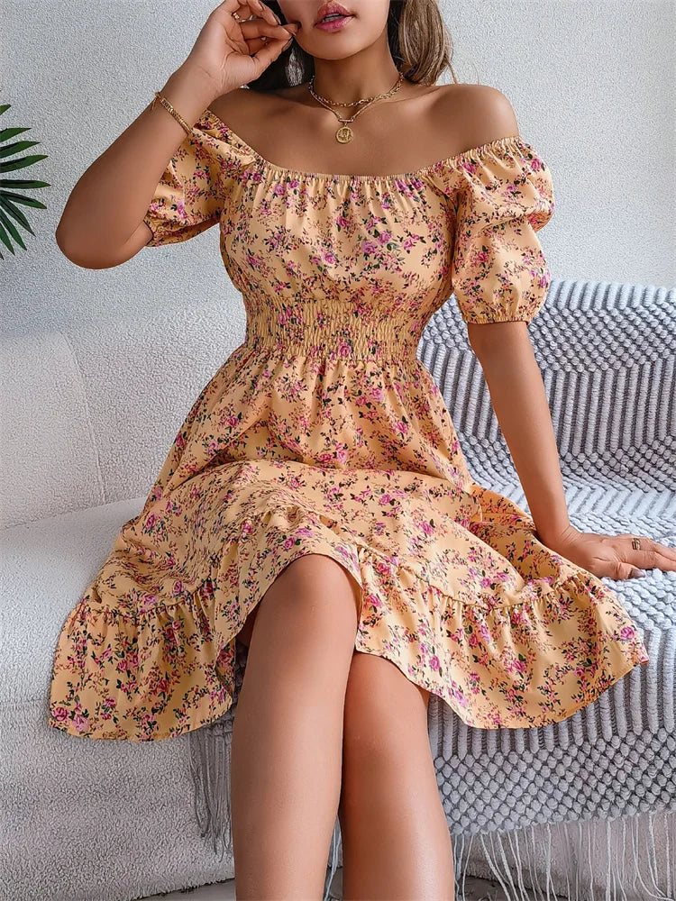 Msfilia Leisure Square Collar Spring Summer Dress Women Short Sleeve Loose Waist Design Lotus Leaf A-shaped Print Dress