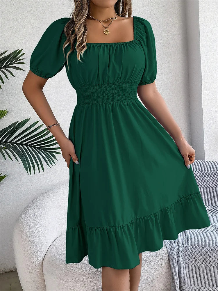 Msfilia Leisure Square Collar Spring Summer Dress Women Short Sleeve Loose Waist Design Lotus Leaf A-shaped Print Dress