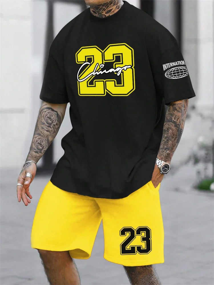 Summer Men's Short Sleeve T-shirt Shorts 2-piece Set Plus Size T Shirt Clothing O-neck T-shirts Side Pocket Elastic Waist Shorts