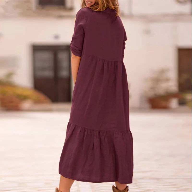 Women's New Cotton And Linen Mid Length Irregular Dress Autumn Loose Twist Button V-neck Half Sleeve Pullover Casual Dress Robe