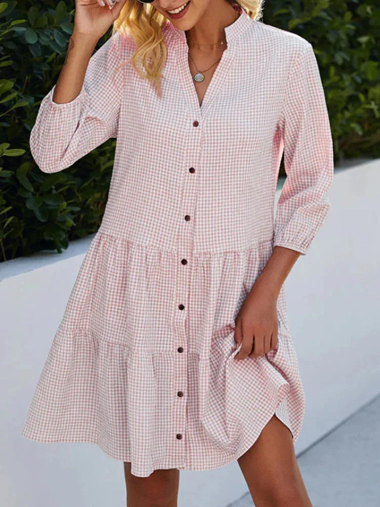 Loose Shirt Style Dresses Women's Long Sleeved V-Neck Mini Dress Spring Autumn Lightweight Plaid Dress Robe