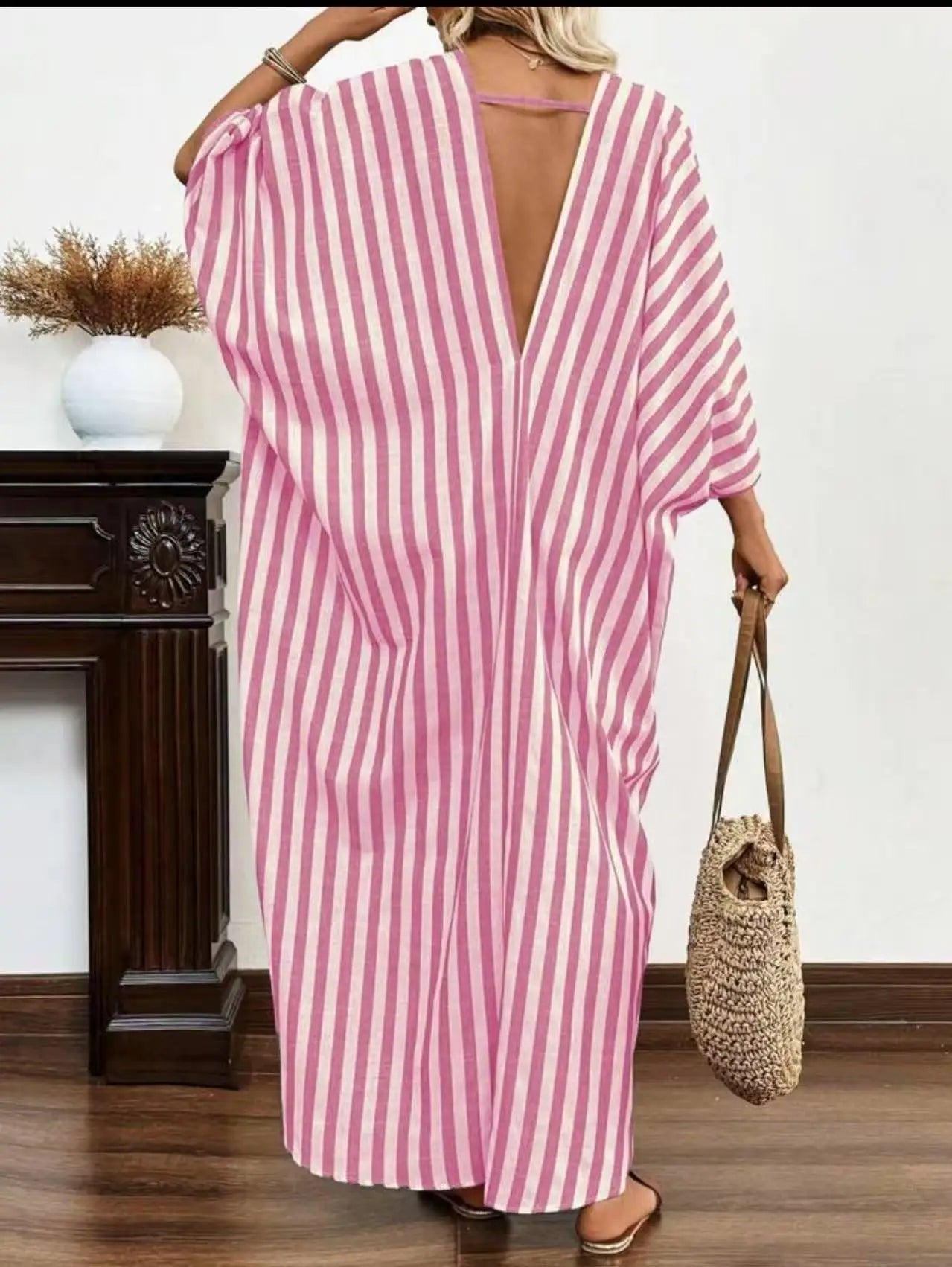 Casual Oversized Women's Dress, 2025 Summer New Sexy Deep V-neck Loose Striped Print Long Women's Dress Beach Vacation Sundress