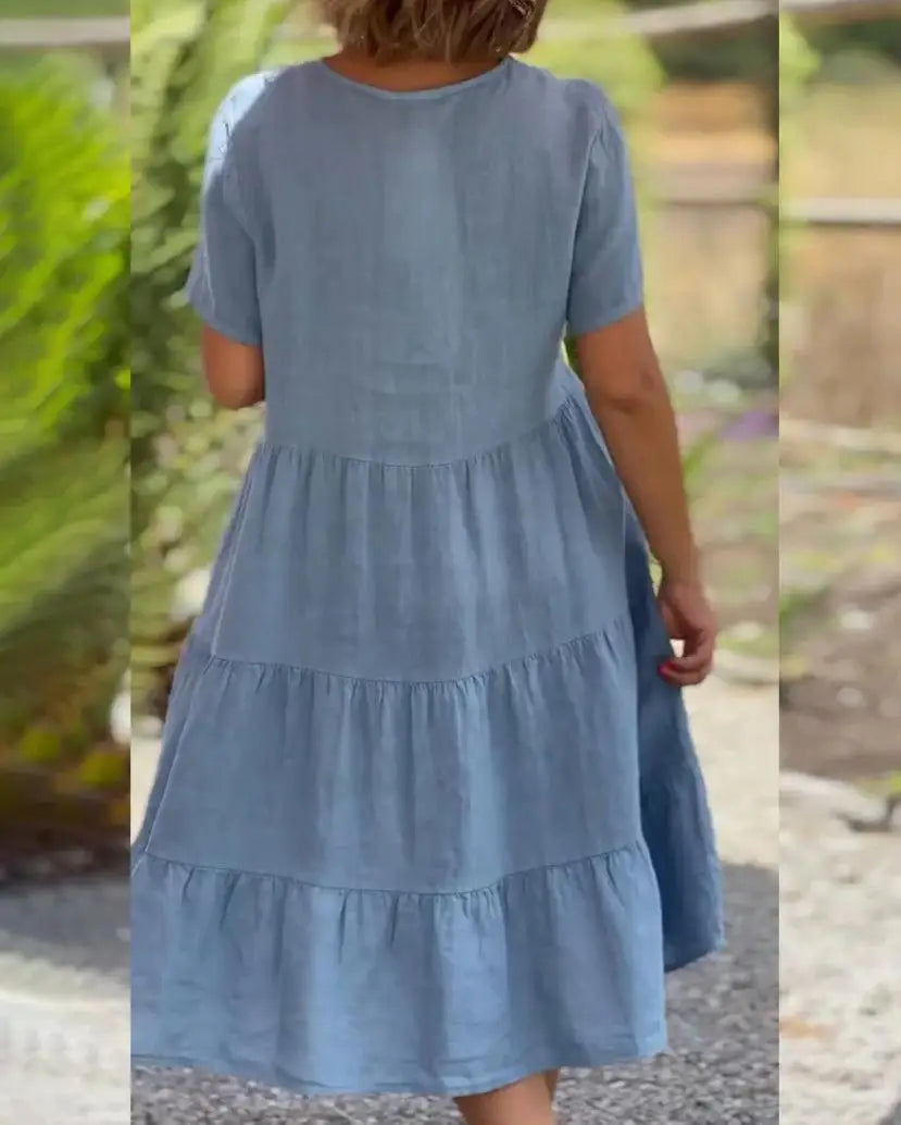 Cotton Linen Casual Women's Dresses 2025 Spring/Summer Sweet  Short Sleeve Solid V-neck Large Swing Loose Dress  S-5XL