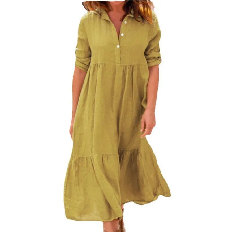 Women's New Cotton And Linen Mid Length Irregular Dress Autumn Loose Twist Button V-neck Half Sleeve Pullover Casual Dress Robe