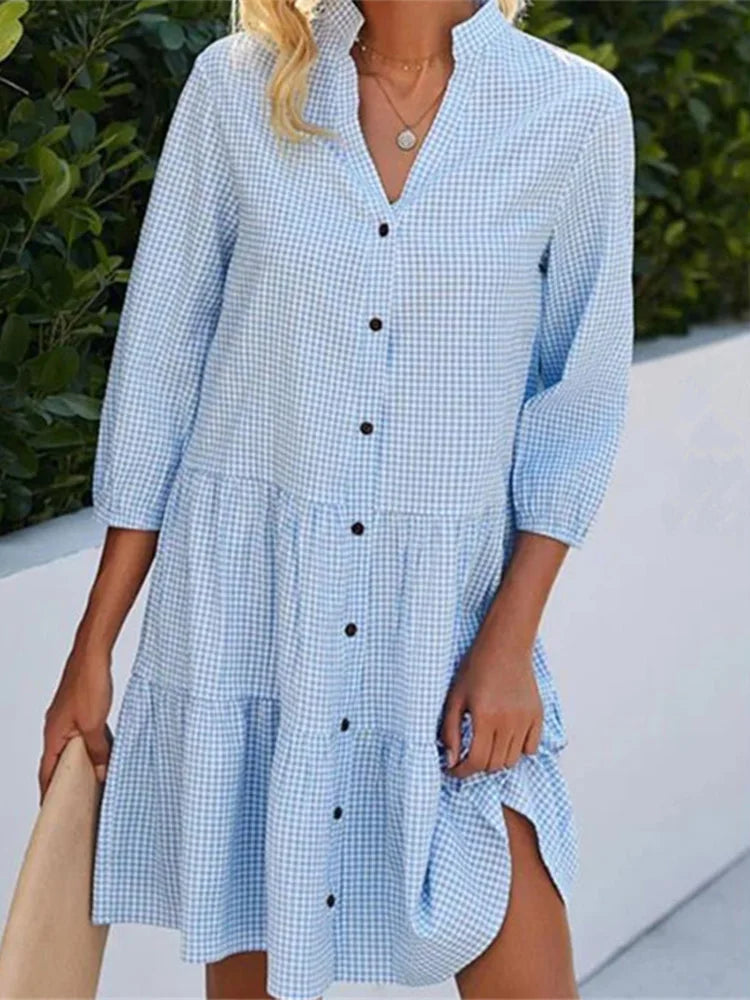 Loose Shirt Style Dresses Women's Long Sleeved V-Neck Mini Dress Spring Autumn Lightweight Plaid Dress Robe