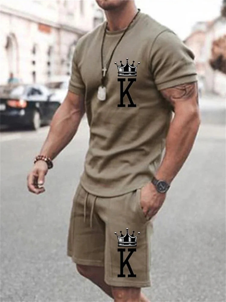 New Summer Men's Casual Suit Oversized Two-Piece Simple Casual Streetwear King Print Beach Suit Men's T-Shirt Shorts Sportswear