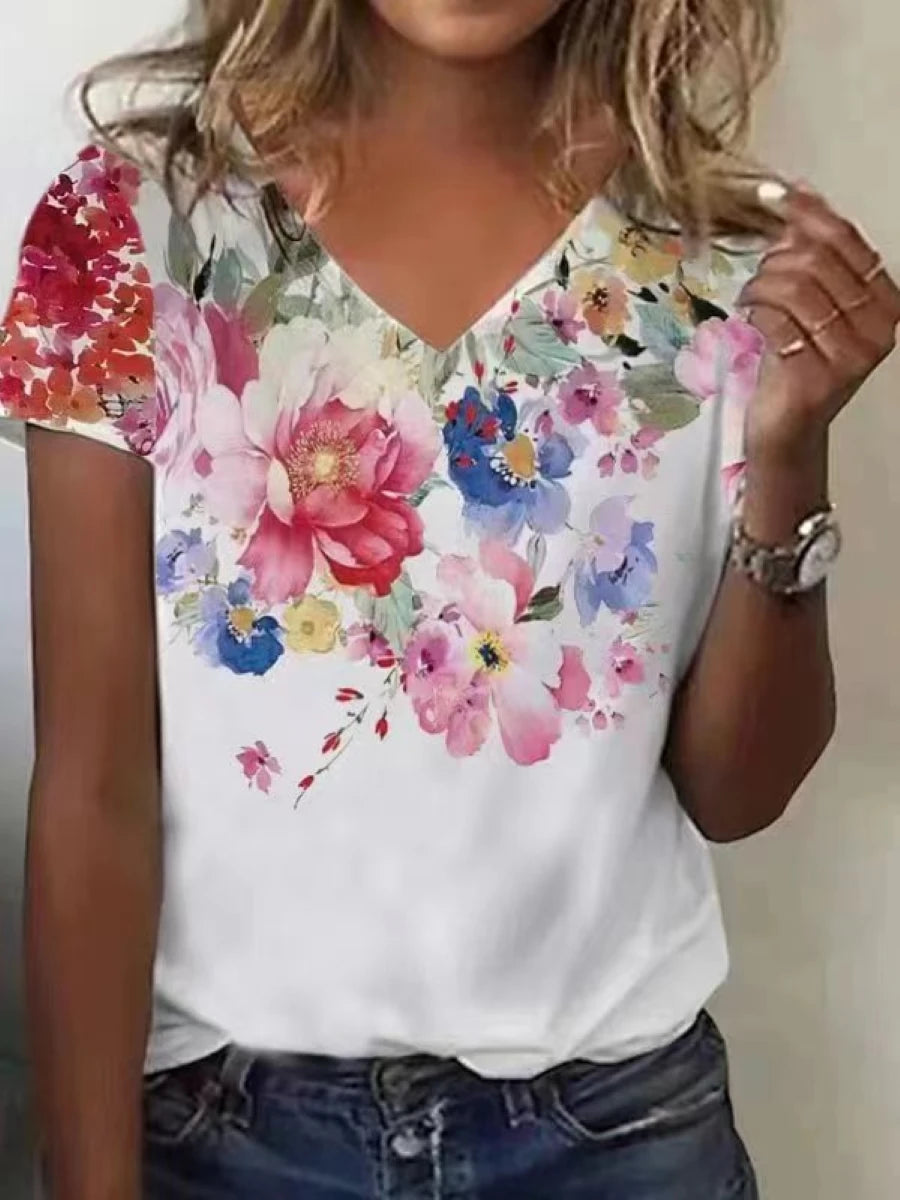 Elegant  women t-shirt summer short-sleeved t-shirt women loose temperament printed top women