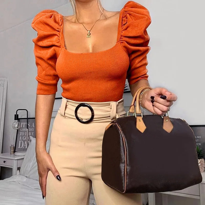 Sexy Puff Sleeve Bare Midriff Thread Knitted T Shirt Women Half Sleeves Bottoming Shirt Ladies Tee Shirt Tops Camisetas Mujer
