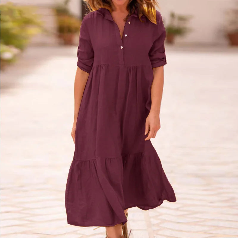 Women's New Cotton And Linen Mid Length Irregular Dress Autumn Loose Twist Button V-neck Half Sleeve Pullover Casual Dress Robe