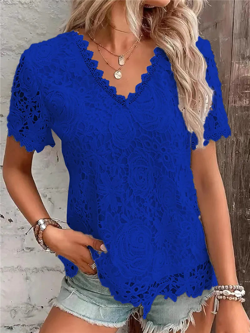 Elegant Women's Tops Lace White Shirt 2025 New Spring Summer V-neck Short Sleeve Slim Blouses Solid Office Ladies Casual Shirts