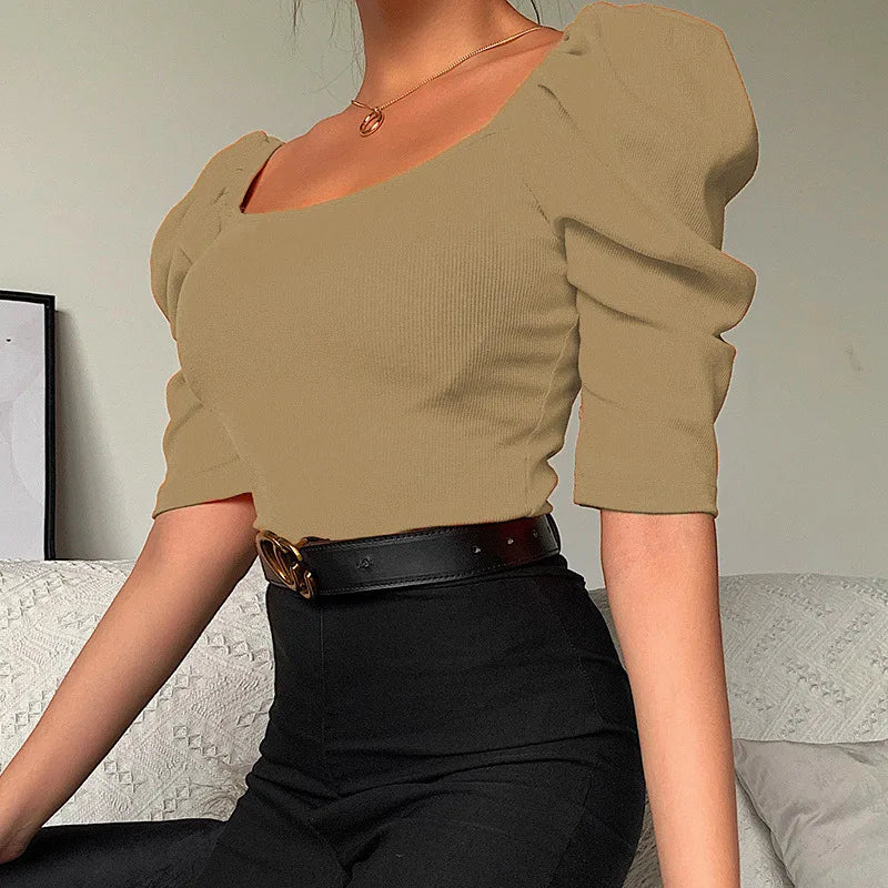 Sexy Puff Sleeve Bare Midriff Thread Knitted T Shirt Women Half Sleeves Bottoming Shirt Ladies Tee Shirt Tops Camisetas Mujer