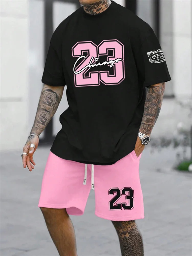 Summer Men's Short Sleeve T-shirt Shorts 2-piece Set Plus Size T Shirt Clothing O-neck T-shirts Side Pocket Elastic Waist Shorts