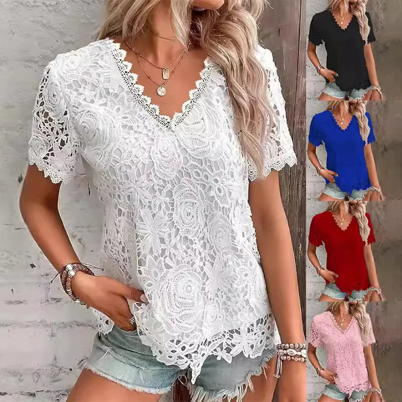 Elegant Women's Tops Lace White Shirt 2025 New Spring Summer V-neck Short Sleeve Slim Blouses Solid Office Ladies Casual Shirts
