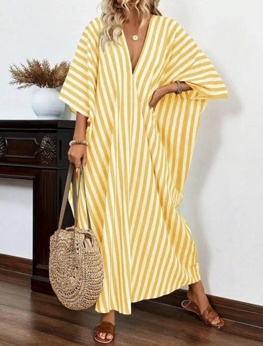 Casual Oversized Women's Dress, 2025 Summer New Sexy Deep V-neck Loose Striped Print Long Women's Dress Beach Vacation Sundress