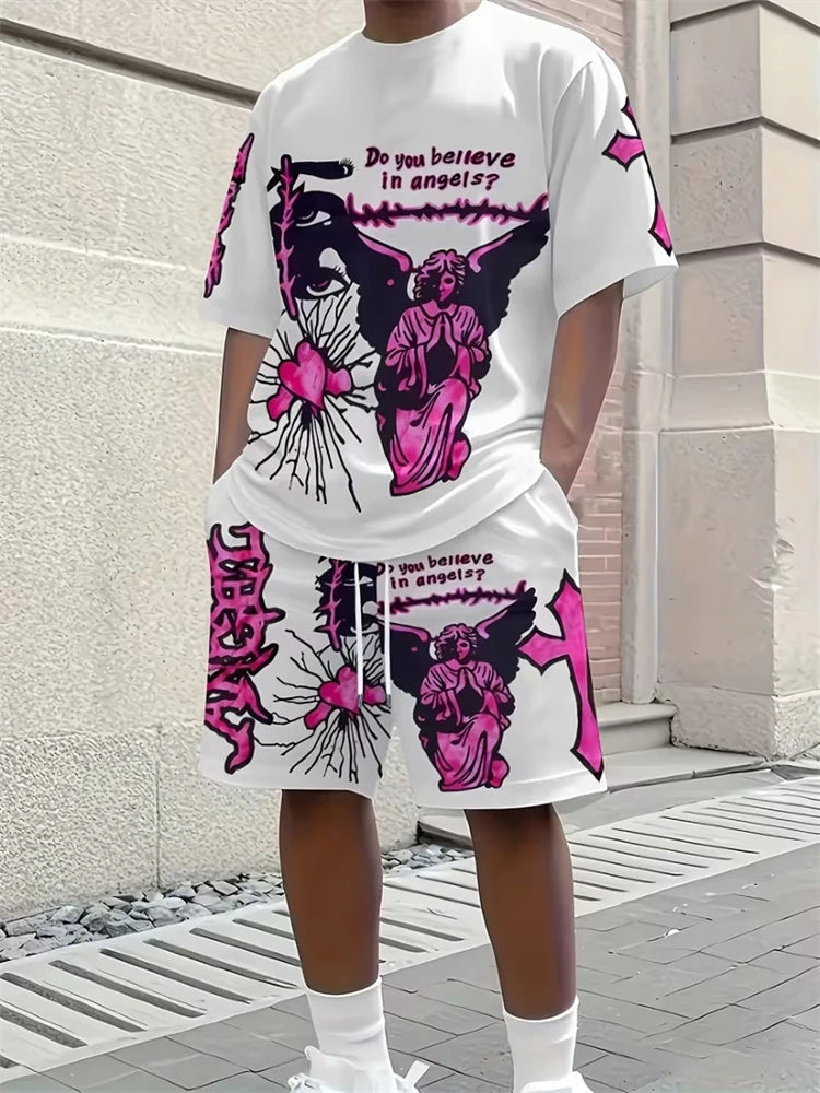 Cool And Trendy 3D Printed Men's Casual Short-sleeved Suit With Riding Style, New Men's Round-neck Short-sleeved Top And Shorts