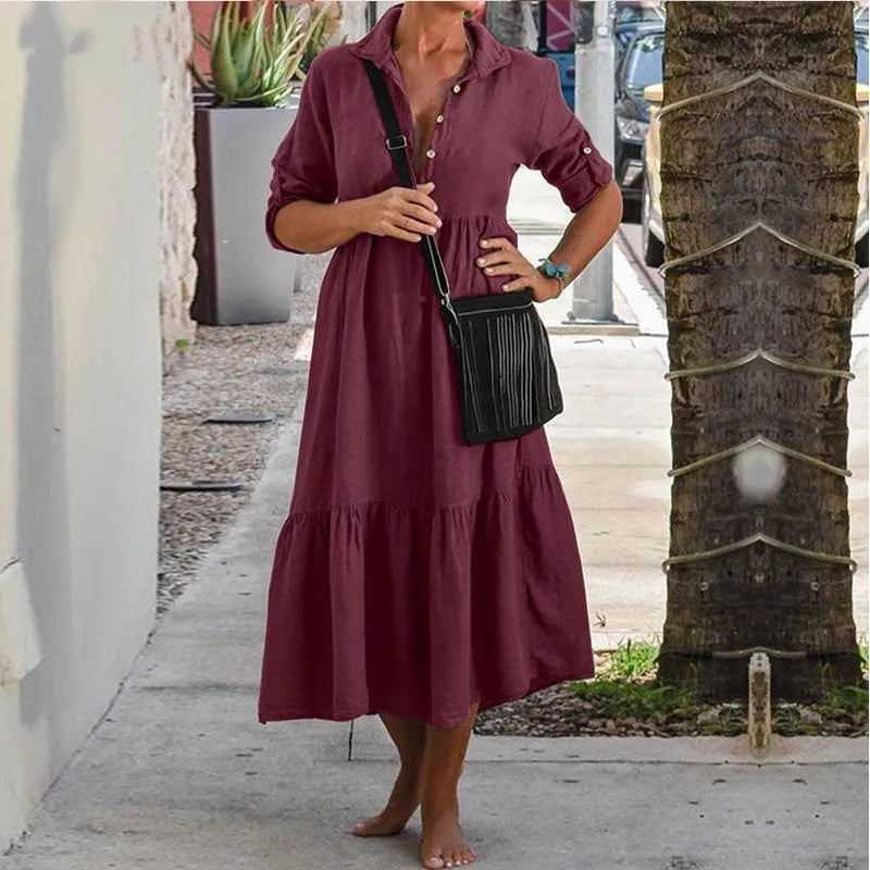 Women's New Cotton And Linen Mid Length Irregular Dress Autumn Loose Twist Button V-neck Half Sleeve Pullover Casual Dress Robe