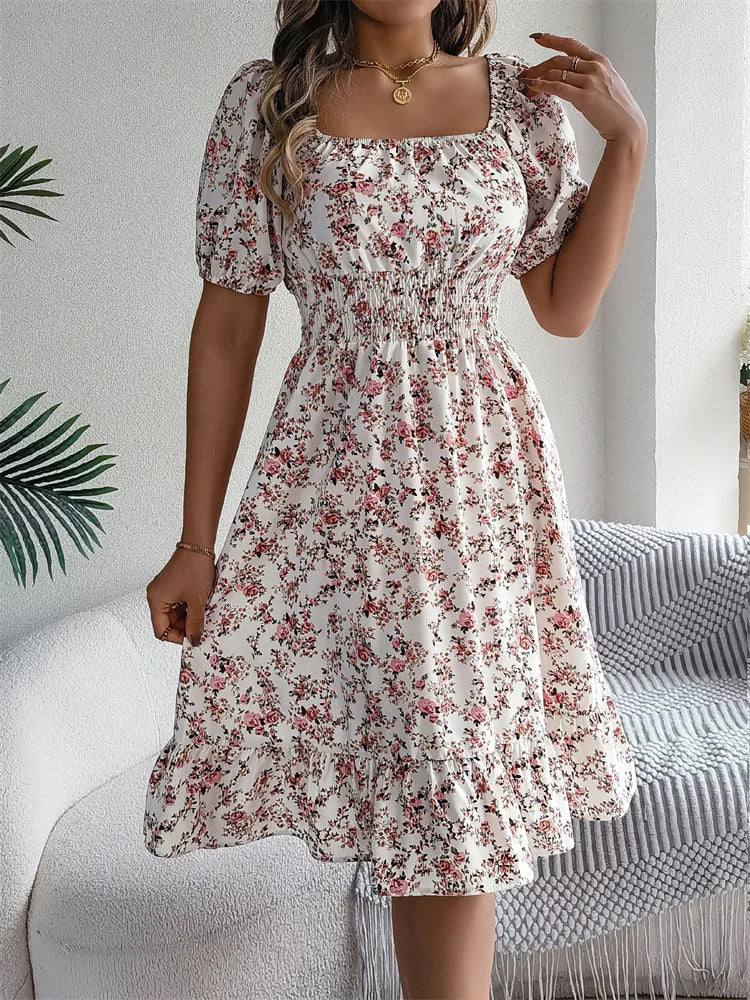 Msfilia Leisure Square Collar Spring Summer Dress Women Short Sleeve Loose Waist Design Lotus Leaf A-shaped Print Dress