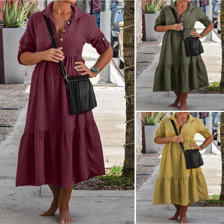 Women's New Cotton And Linen Mid Length Irregular Dress Autumn Loose Twist Button V-neck Half Sleeve Pullover Casual Dress Robe