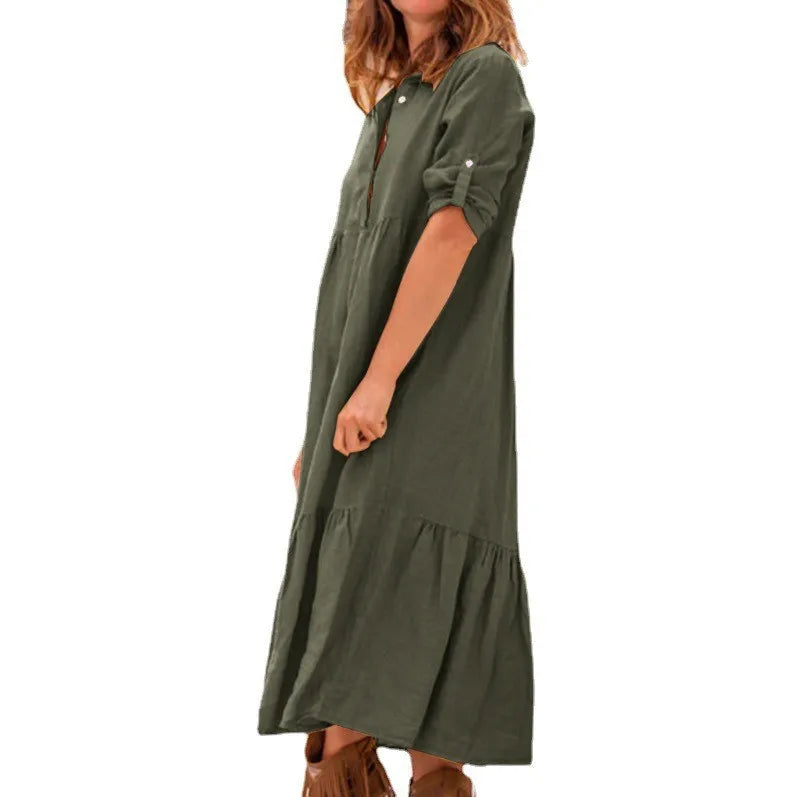 Women's New Cotton And Linen Mid Length Irregular Dress Autumn Loose Twist Button V-neck Half Sleeve Pullover Casual Dress Robe