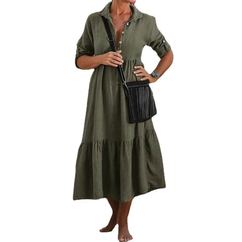 Women's New Cotton And Linen Mid Length Irregular Dress Autumn Loose Twist Button V-neck Half Sleeve Pullover Casual Dress Robe