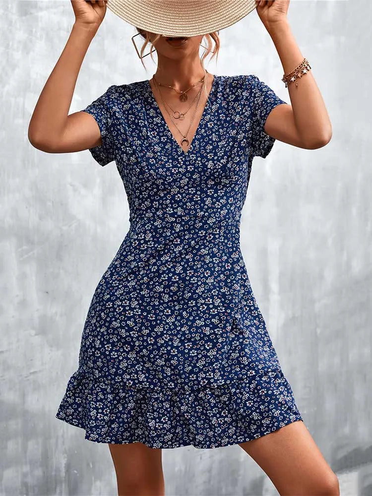 Summer Short Boho Dress Women V Neck Print Floral Party Dress Ladies Bohemian Flower Mini Dress For Women