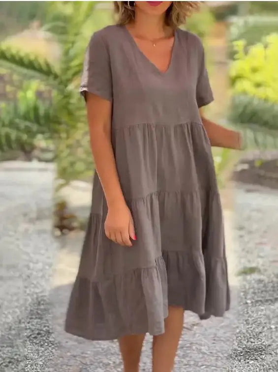 Cotton Linen Casual Women's Dresses 2025 Spring/Summer Sweet  Short Sleeve Solid V-neck Large Swing Loose Dress  S-5XL