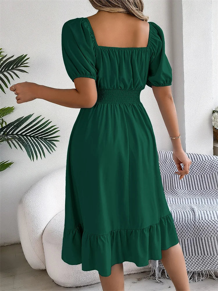 Msfilia Leisure Square Collar Spring Summer Dress Women Short Sleeve Loose Waist Design Lotus Leaf A-shaped Print Dress