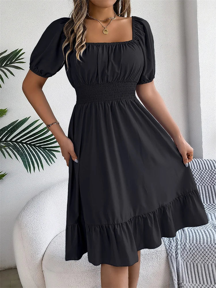 Msfilia Leisure Square Collar Spring Summer Dress Women Short Sleeve Loose Waist Design Lotus Leaf A-shaped Print Dress